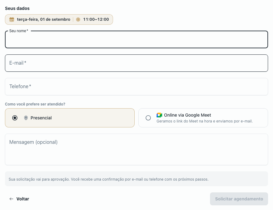 Formulário de agendamento com os campos de contato e a escolha entre atendimento presencial e online via Google Meet