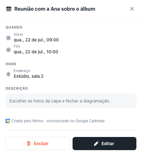 Painel do compromisso com a linha indicando que ele foi criado pelo Mirino e sincronizado no Google Calendar
