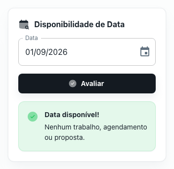 Card Disponibilidade de Data com a data escolhida e o resultado da avaliação