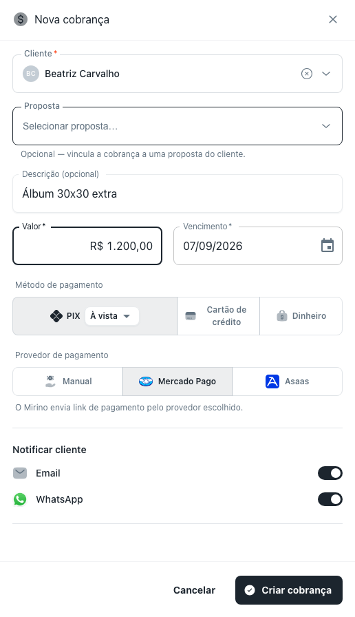 Campos Descrição, Valor e Vencimento preenchidos