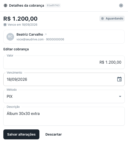 Formulário de edição da cobrança com valor, vencimento, método e descrição