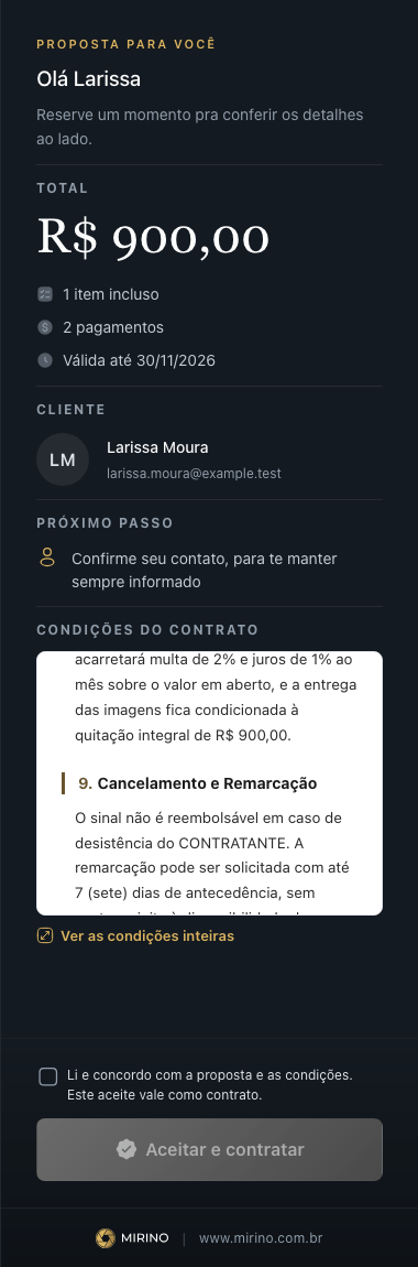 Página da proposta no portal do cliente com as Condições do contrato, a caixa Li e concordo e o botão Aceitar e contratar ainda desligado