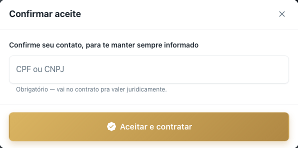 Janela Confirmar aceite pedindo CPF ou CNPJ antes do botão Aceitar e contratar