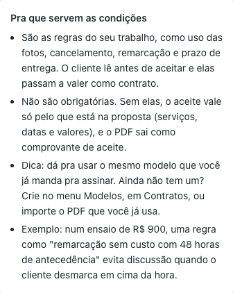 Painel do ícone de ajuda das Condições do contrato, explicando pra que servem, que são opcionais, uma dica e um exemplo