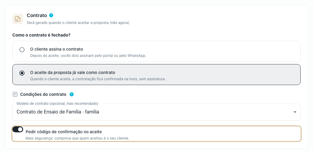 Switch Pedir código de confirmação no aceite ligado