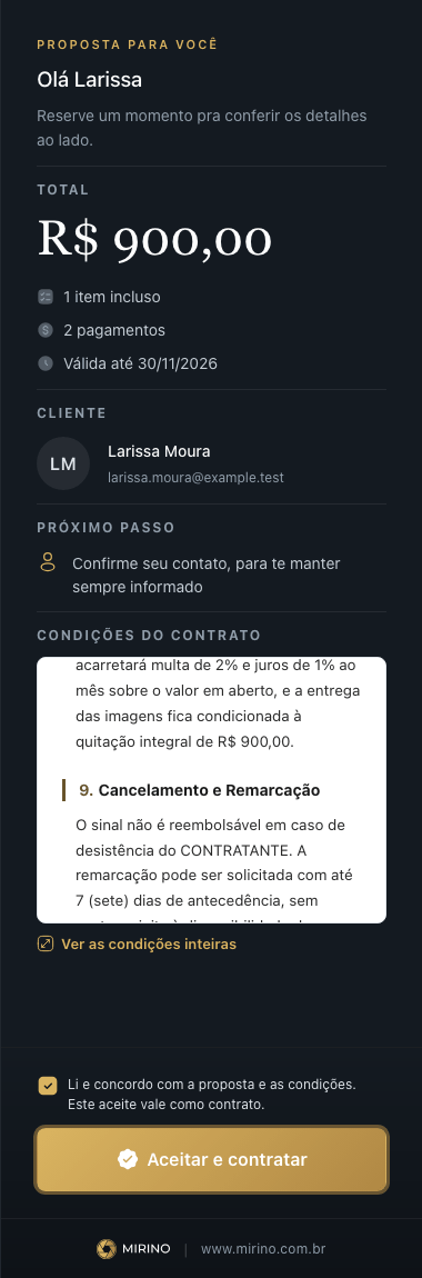 Página da proposta no portal com a caixa Li e concordo marcada e o botão Aceitar e contratar liberado