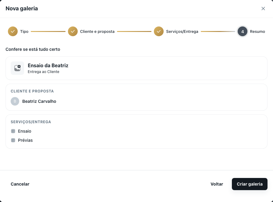 Resumo da nova galeria com nome, tipo, cliente e dois serviços