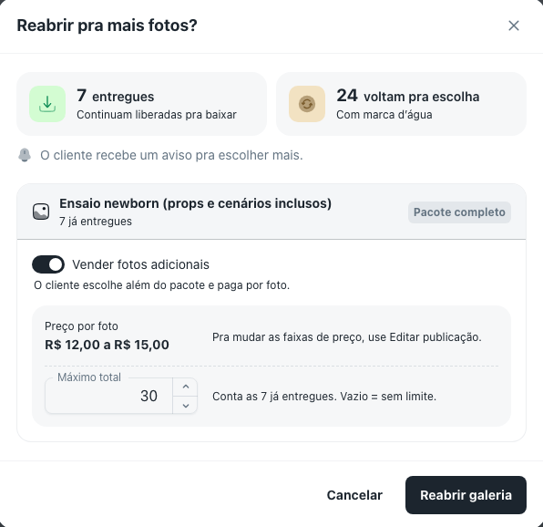 Janela Reabrir pra mais fotos com o resumo das fotos e o card do serviço