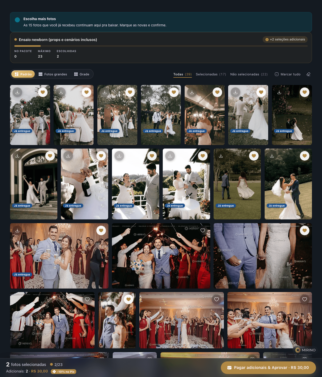 Galeria do cliente com o aviso Escolha mais fotos e as fotos com o selo Já entregue