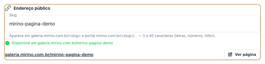 Bloco Endereço público com o campo Slug, o aviso de disponível e o botão Ver página