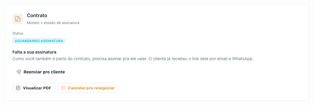 Bloco Contrato na proposta, com o status aguardando assinatura e o aviso de que falta a sua