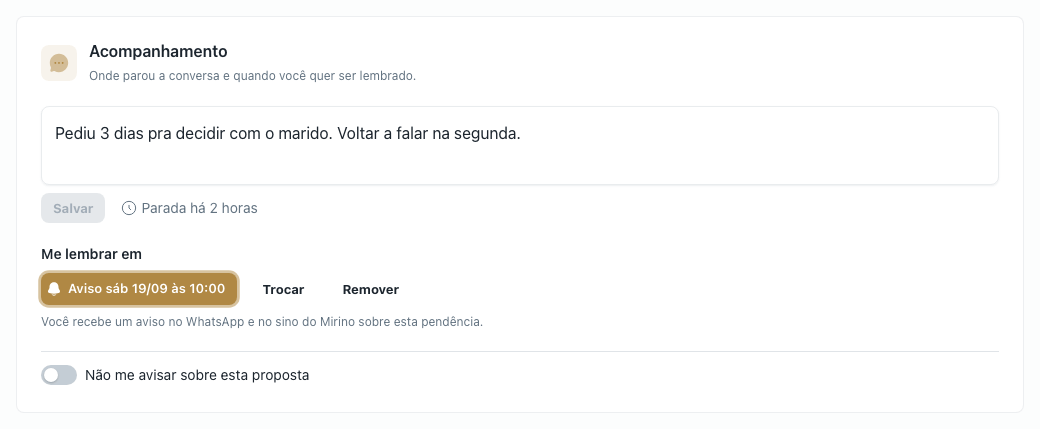 Bloco Acompanhamento com o lembrete ativo "Aviso sáb 19/09 às 10:00" e as opções Trocar e Remover
