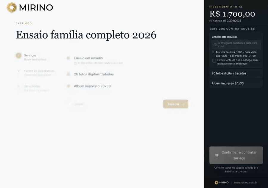 Cliente percorrendo o checkout: confirma os serviços e vai direto pra forma de pagamento, sem calendário no meio