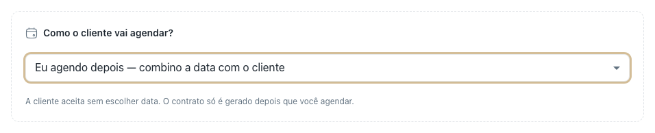 Bloco "Como o cliente vai agendar?" no editor do catálogo com a opção "Eu agendo depois" selecionada