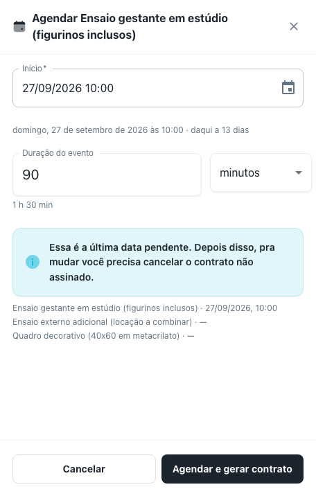 Painel de agendar um serviço pendente, com data, horário, duração em minutos ou horas e a lista de conflitos da agenda
