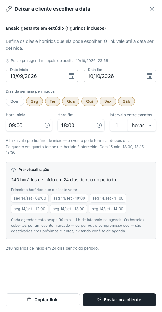 Painel "Deixar a cliente escolher a data", com a janela de dias e horários e as opções de copiar ou enviar o link