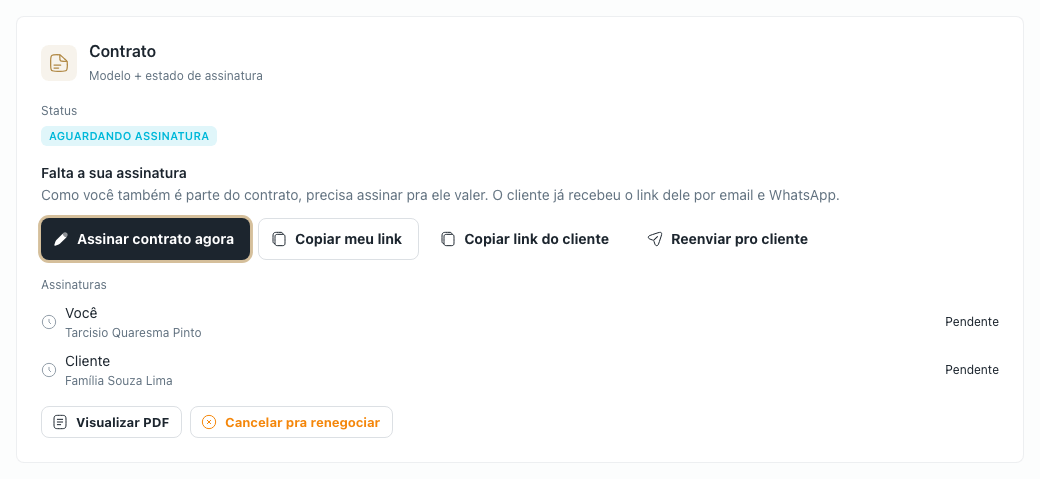 Bloco Contrato no detalhe da venda, com o status Aguardando assinatura, o aviso "Falta a sua assinatura" e o botão Assinar contrato agora em destaque