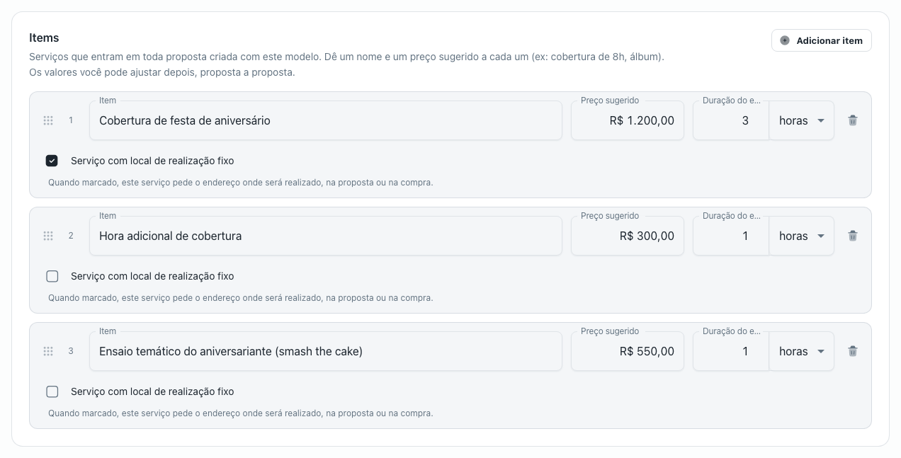 Seção Items com três serviços, preço sugerido, duração e a marcação de local fixo