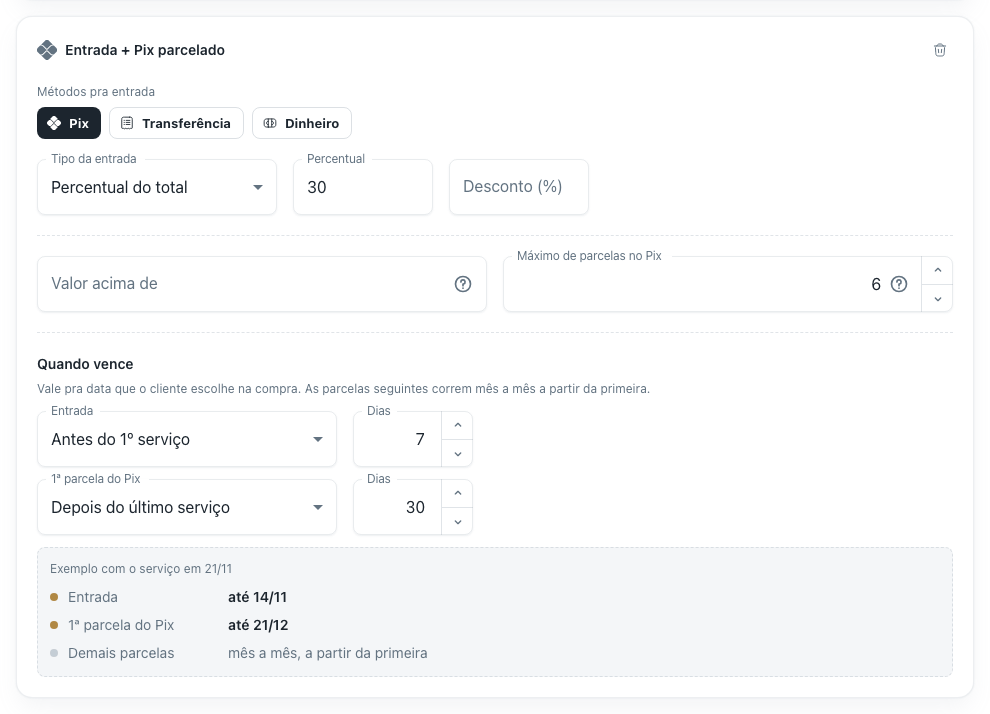 Bloco "Quando vence" de uma opção Entrada + Pix parcelado: entrada até 7 dias antes do 1º serviço, 1ª parcela do Pix até 30 dias depois do último serviço, e o painel de exemplo com uma linha por data