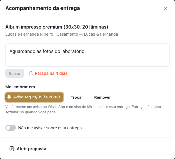 Modal Acompanhamento da entrega do card "Álbum impresso premium", com a anotação "Aguardando as fotos do laboratório.", o aviso "Parada há 4 dias", o lembrete ativo "Aviso seg 21/09 às 20:00", o switch "Não me avisar sobre esta entrega" e o botão "Abrir proposta"