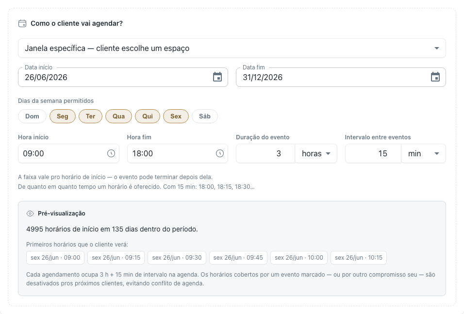 Janela específica da sessão: data início e fim, dias da semana, hora início e fim, duração do evento de 3 horas e intervalo de 15 minutos, com a pré-visualização dos primeiros horários