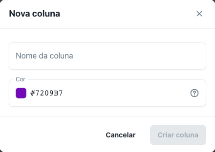 Diálogo Nova coluna com os campos Nome da coluna e Cor