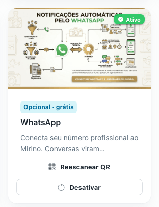 Card do WhatsApp já ativo no Marketplace, com os botões Reescanear QR e Desativar