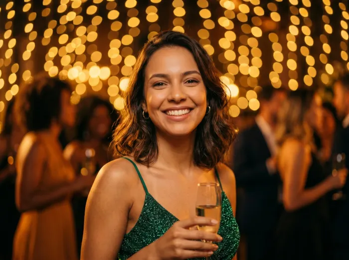 Convidada de vestido festa sorrindo durante a celebração à luz dourada