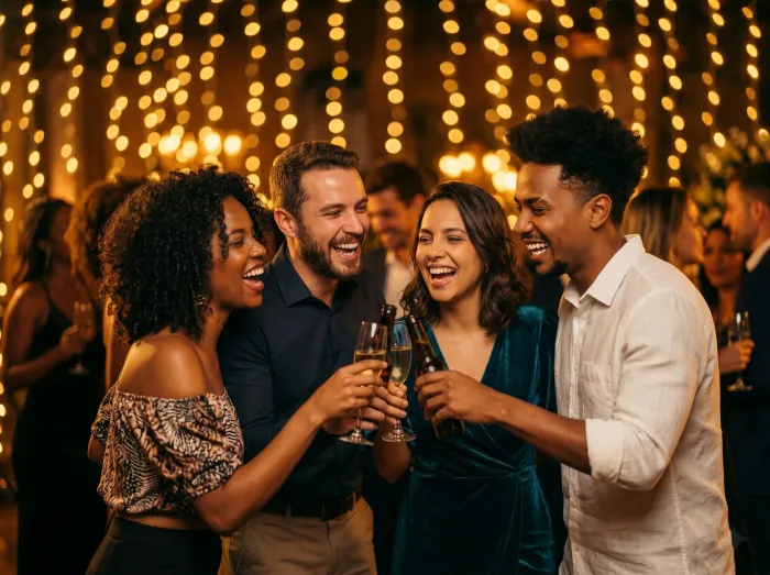 Grupo de amigos brindando juntos na pista de dança