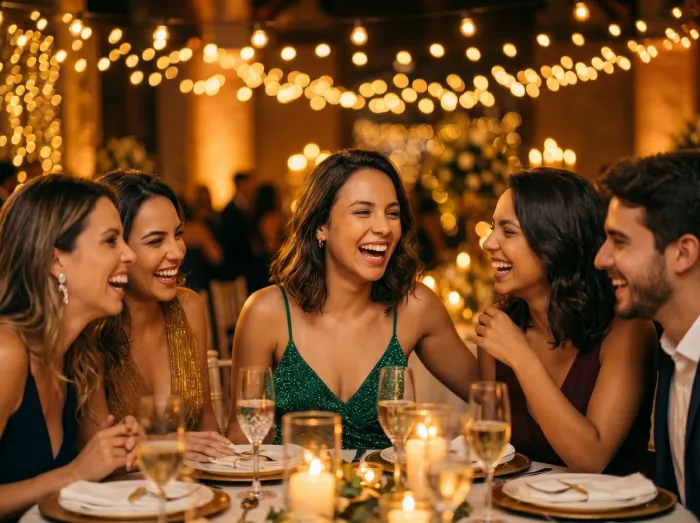 Convidada rindo entre amigos na mesa da celebração