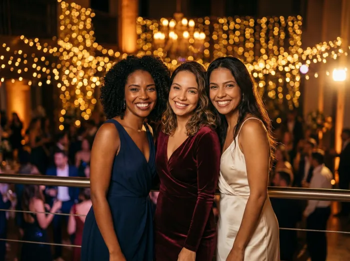 Amigas posando juntas para a foto durante a festa