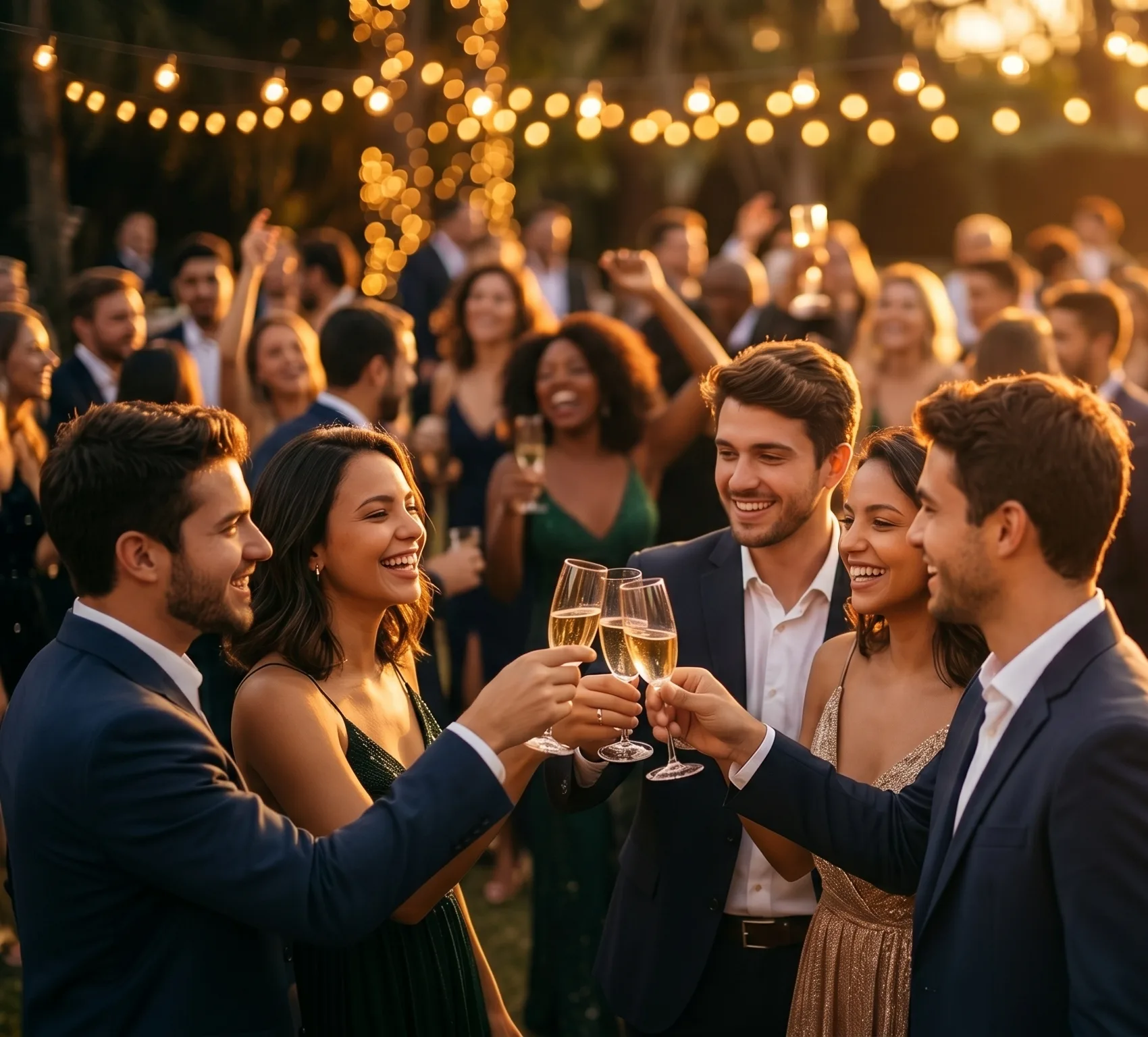 Convidados em trajes de festa brindando com taças de espumante ao entardecer, sob luzes de festão douradas