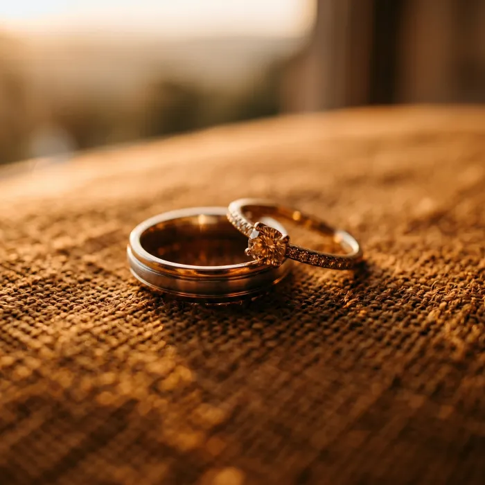 Detalhe das alianças de casamento sob luz dourada