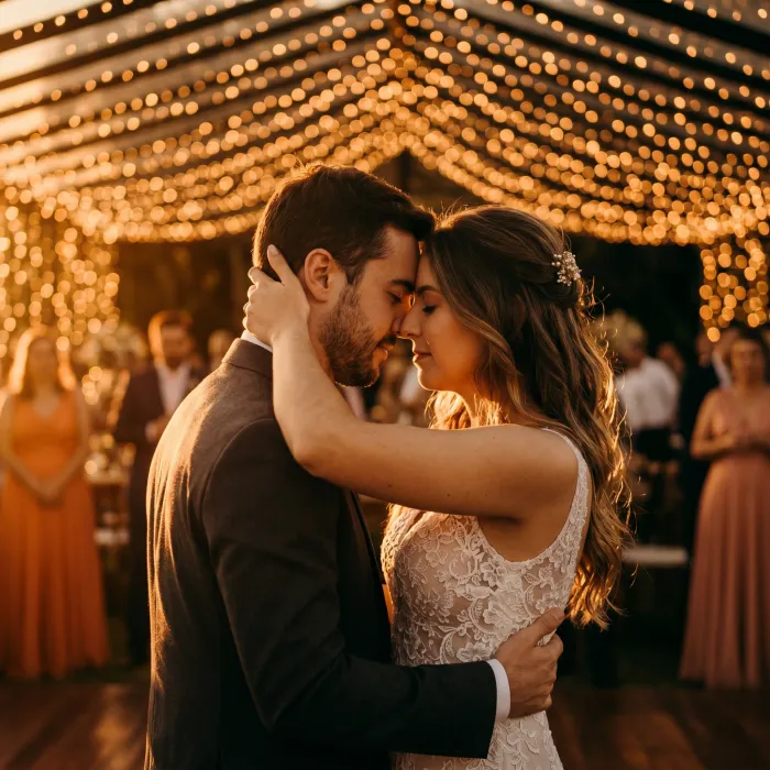 Primeira dança dos noivos sob luzes quentes