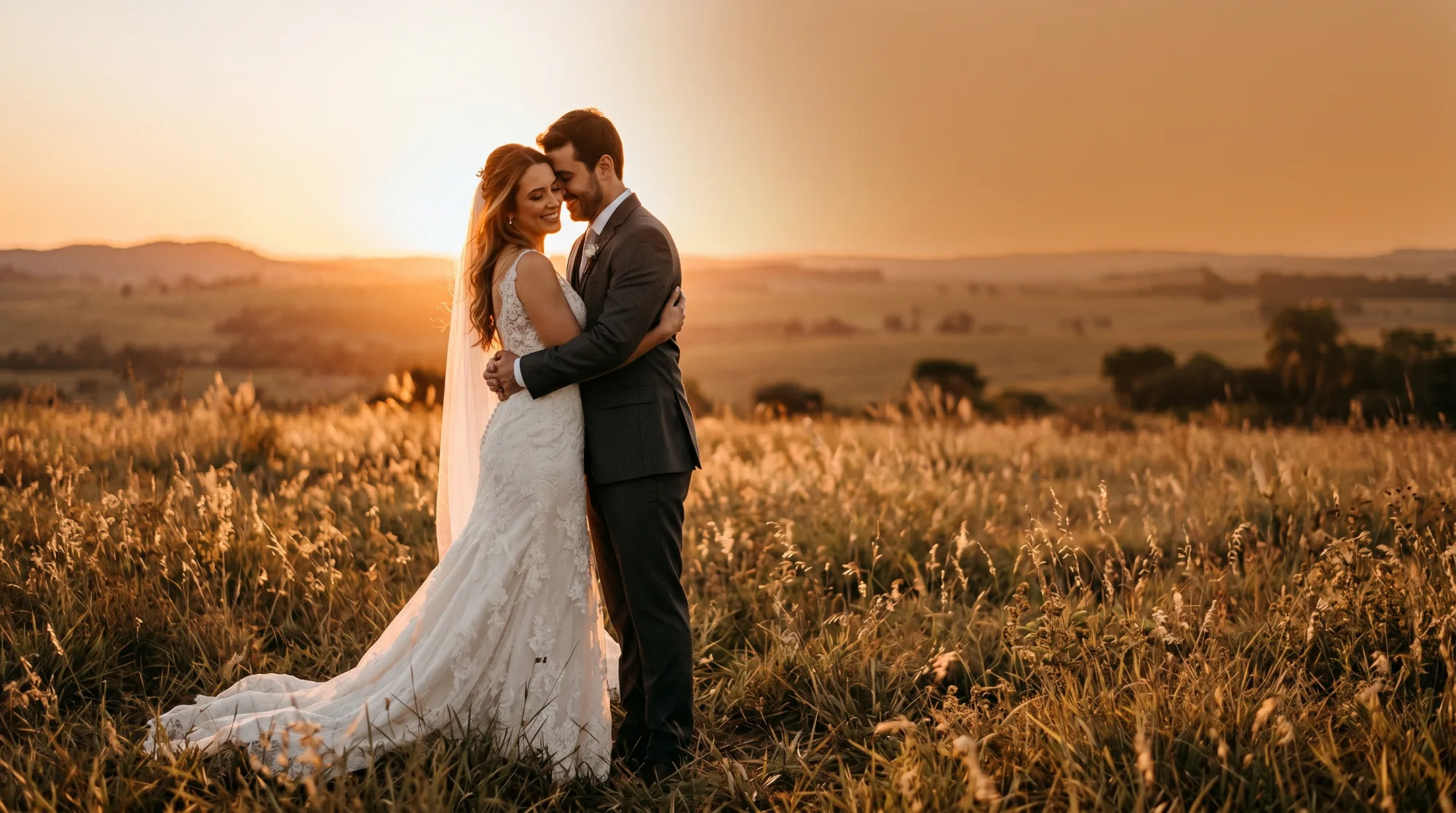 Casal de noivos abraçado ao pôr do sol em um campo dourado